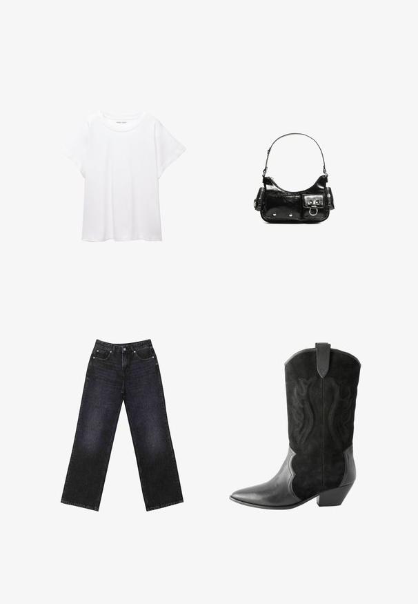 Bílý tričko vyrobené z měkké, lehké tkaniny. Má kulatý výstřih a krátké, široké rukávy s uvolněným střihem. Bez viditelných vzorů.; Černé džíny s vysokým pasem a širokým střihem, pět kapsami a viditelným švem. Materiál má hladký, mírně strukturovaný povrch.; Next Kovbojské/motorkářské kotníkové boty - black; Černá lakovaná kožená kabelka s křivkovým tvarem, jedním ramenním popruhem, předními kapsami a stříbrnými kovovými detaily.