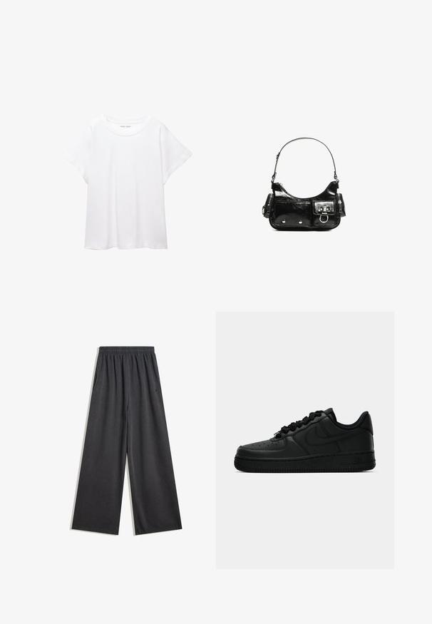 Fehér póló, puha, könnyű anyagból készült. Kerek nyakú, rövid, széles ujjaival és laza szabásával rendelkezik. Nincsenek látható minták.; Laza fekete nadrág, puha anyagból, rugalmas derékkal és oldalsó zsebekkel. Sima textúra, tiszta varrásokkal.; Fekete Nike Air Force 1 sneaker bőr felsőrésszel, kerek orral, fűzős záródással és texturált talppal, finom logóval az oldalon.; Fekete lakkbőr kézitáska ívelt formával, egy vállpánttal, elülső zsebekkel és ezüstszínű fémrészletekkel.