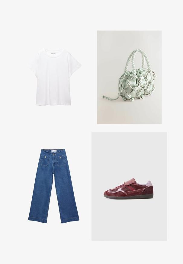 Biele tričko vyrobené z mäkkého, ľahkého materiálu. Má okrúhly výstrih a krátke, široké rukávy s uvoľneným strihom. Bez viditeľných vzorov.; Džínsy s širokými nohavicami v stredne modrej farbe, s dvoma prednými vreckami na gombíkovné zapínanie a šitými detailmi pozdĺž lemov.; Červené semišové tenisky s hladkou špičkou, textúrovanými bočnými panelmi, tónovými šnúrkami a suchým zipsom. Majú odolnú čiernu gumovú podrážku.; Next Kabelka - blue