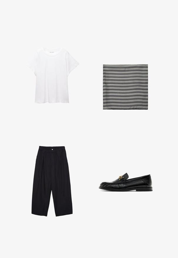 White T-shirt made of soft, lightweight fabric. Features a round neckline and short, wide sleeves with a relaxed fit. No visible patterns.; Black polyester culotte pants with an elastic waistband, two front pleats, and a loose silhouette. No visible patterns or hardware details.; Black leather loafers with a rounded toe, textured upper, and gold-tone hardware accent on the vamp. Flat sole with minimal tread.; Black and white striped scarf, made of lightweight fabric. Rectangular shape with even, alternating stripes of varying widths. Soft texture.