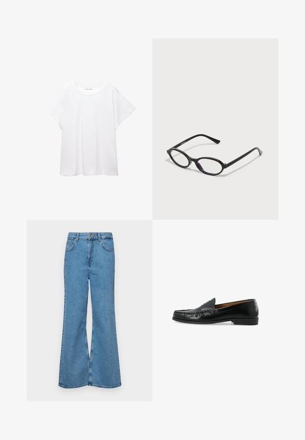 White T-shirt made of soft, lightweight fabric. Features a round neckline and short, wide sleeves with a relaxed fit. No visible patterns.; Light blue flared jeans made of denim, featuring a high waist, five pockets, and a single button closure. Soft texture with faded finish.; Black leather loafers feature a moccasin-style upper with raised stitching and a flat rubber sole. The design is minimalist with no visible embellishments.; Black oval-frame glasses with translucent purple accents on the lenses. Frames have a matte finish and slender, straight temples.
