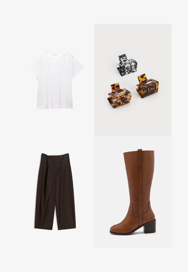 Bílý tričko vyrobené z měkké, lehké tkaniny. Má kulatý výstřih a krátké, široké rukávy s uvolněným střihem. Bez viditelných vzorů.; Tmavě hnědé široké kalhoty s vysokým pasem, vybavené jedním tlačítkem na zapínání a plisovaným předním dílem. Vyrobené z lehkého materiálu.; Hnědá kožená vysoká bota po kolena s kulatou špičkou, bočním šitím a blokovým podpatkem. Obsahuje zadní poutko pro snadné obouvání.; Tři sponky do vlasů: jedna černobíle mramorovaná, dvě želvovinové v hnědých a černých odstínech, všechny vyrobené z lesklého plastu s texturovaným povrchem.