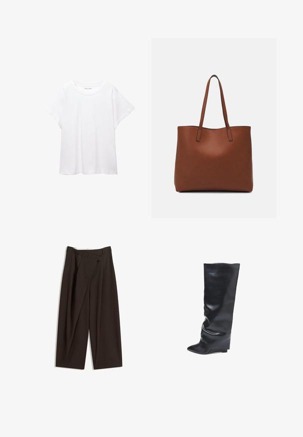 Fehér póló, puha, könnyű anyagból készült. Kerek nyakú, rövid, széles ujjaival és laza szabásával rendelkezik. Nincsenek látható minták.; Sötétbarna, bő szárú nadrág magas derékkal, egyetlen gombos záródással és redős elülső résszel. Könnyű anyagból készült.; Bata Telitalpú csizmák - nero; Barna bőr vászontáska sima textúrával, nyitott tetejű dizájnnal és két vállpánttal. Minimális varrással és látható hardver nélkül készült.