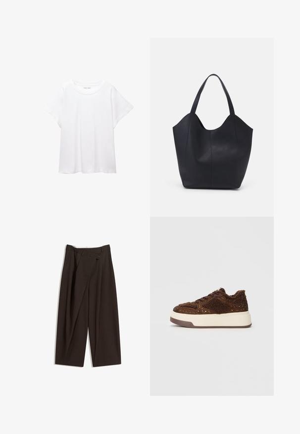 Bela majica s kratkimi rukavi, izdelana iz mehkega in lahkega blaga. Ima okroglo ovratnico ter kratke, široke rokave z udobnim krojem. Brez vidnih vzorcev.; Temno rjave široke hlače z visokim pasom, ki imajo en gumb za zapiranje in zamaščen sprednji del. Narejene so iz lahkega blaga.; Rjavi platformske superge z teksturirano tkanino in bleščečimi poudarki, mehkim ovratnikom ter trpežnim gumijastim podplatom.; Črna torba v obliki tote iz gladke usnjene površine, ki ima ukrivljen odprt vrh z dvema naramnicama in minimalističnim dizajnom.
