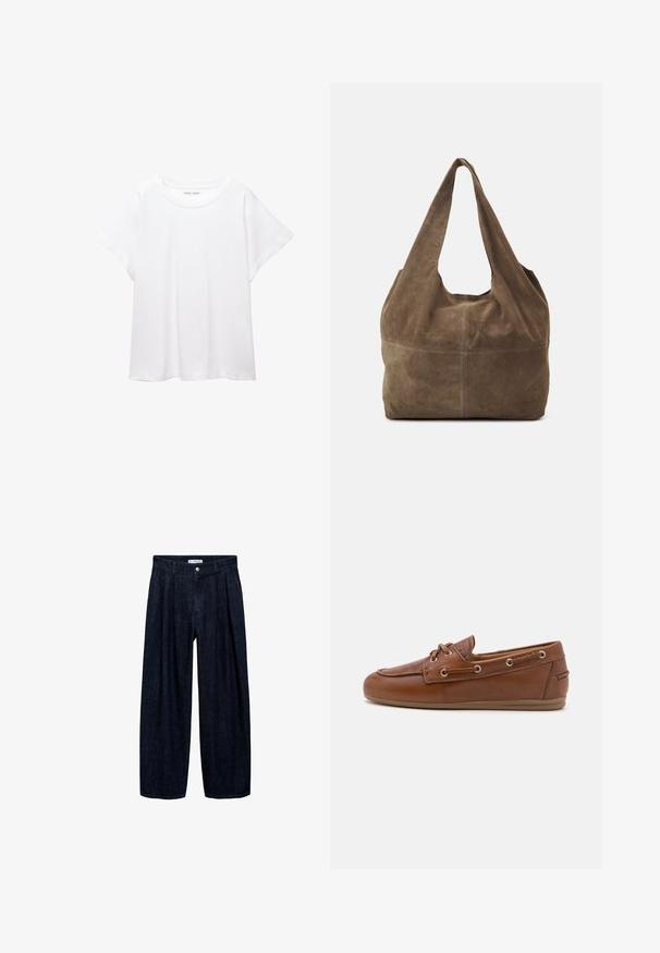 Bijela majica od mekane, lagane tkanine. Ima okrugli izrez i kratke, široke rukave s ležernim krojem. Bez vidljivih uzoraka.; Tamno plave široke hlače s plisama na struku, s prednji gumbom i petljama za remen. Glatka tekstura i dizajn punih dužina.; Smešane smeđe kožne brodske cipele s vezicama, metalnim okovima, teksturiranom površinom i fleksibilnom svijetlosmeđom gumenenom potplatom. Dizajn s zaobljenim prstima.; Smeđa suknja hobo torba s jednim naramenicom, meke teksture i zaobljenog oblika. Ima šav preko sredine za dodatni detalj.