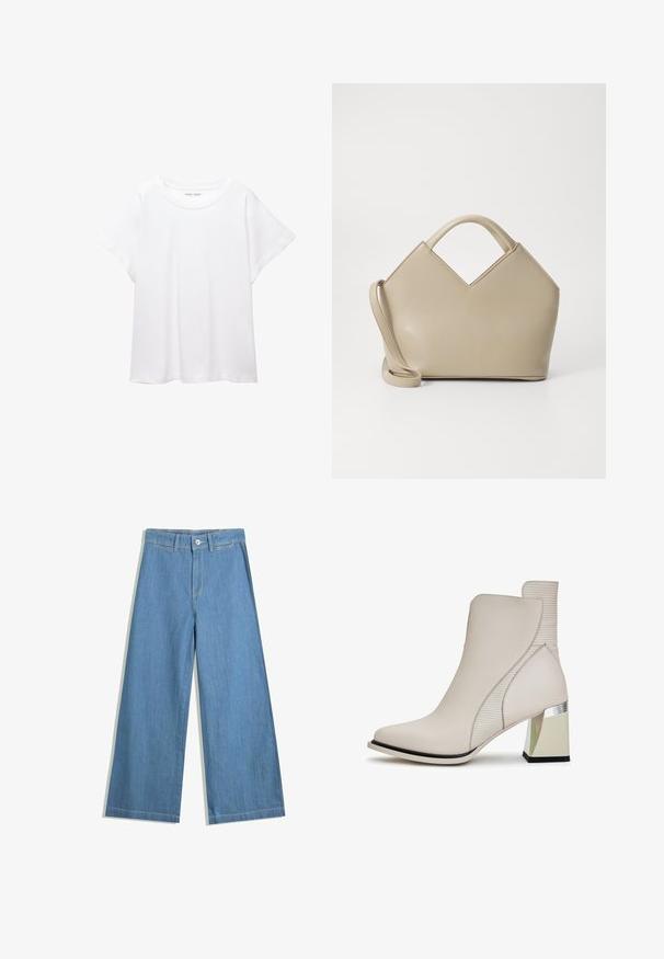 Tricou alb dintr-un material moale și ușor. Prezintă un decolteu rotund și mâneci scurte, largi, cu un croi lejer. Fără modele vizibile.; Jeans din denim de culoare albastră deschisă, cu croi larg, având închidere cu buton, bucle pentru brâu și detalii de cusătură subtile.; Bocanci bej până la gleznă, fabricați din piele netedă, având detalii ribbate și un toc bloc geometric cu accente metalice.; Geantă structurată bej cu un vârf în formă de V, din material din piele netedă, cu mânere scurte și o curea lungă, ajustabilă. Design minimalist.