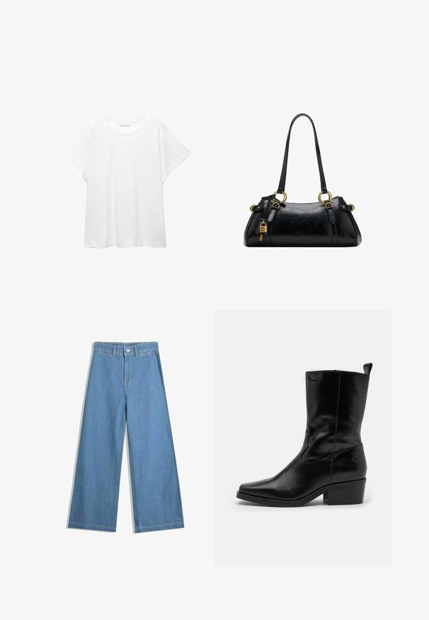 Biała koszulka wykonana z miękkiej, lekkiej tkaniny. Posiada okrągły dekolt oraz krótkie, szerokie rękawy, zapewniające luźny krój. Brak widocznych wzorów.; Jasnoniebieskie dżinsy w szerokim kroju, wykonane z denimu, z zapięciem na guzik, paskami do paska i subtelnymi detalami w szwie.; Czarne skórzane botki za kostkę z ostrym noskiem, niskim blokowym obcasem i przeszyciami. Posiadają boczne elastyczne panele dla łatwego zakładania.; Czarna skórzana torebka o gładkiej fakturze, zaokrąglonym kształcie, złotych akcentach metalowych i podwójnych uchwytach. Posiada dekoracyjny zamek z boku.