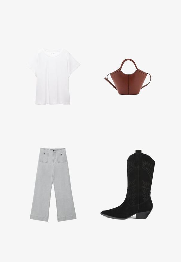 Bela majica s kratkimi rukavi, izdelana iz mehkega in lahkega blaga. Ima okroglo ovratnico ter kratke, široke rokave z udobnim krojem. Brez vidnih vzorcev.; Široke hlače iz svetlo sive denima, z dvema sprednjima žepoma, kovinskimi gumbi in čistim zaključkom s obšitimi robovi.; Črne semiš škornje za cowboye s koničastim nosom, srednje visokim jermenikom in zigzag šivom. Imajo nizko, zoženo peto.; Rjava usnjena torba conične oblike, trdni ročaji in kontrastno bela šivanje. Ima snemljiv naramni trak za večjo prilagodljivost.