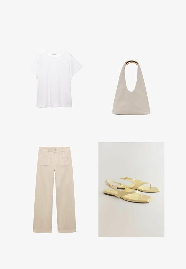 Tricou alb dintr-un material moale și ușor. Prezintă un decolteu rotund și mâneci scurte, largi, cu un croi lejer. Fără modele vizibile.; Pantaloni largi bej din bumbac. Au fermoar, un buton frontal și două buzunare aplicate la spate. Fâșie curată, fără embellishments.; Sandroale galbene plate cu un superior din piele ecologică texturată, design cu post pentru degete și curea la gleznă cu o cataramă mică. Formă pătrată a vârfului, stil minimalistic.; Geantă din piele gri deschis cu un design în formă de U și un mâner metalic curbat. Textură netedă cu cusături minime și fără modele vizibile.