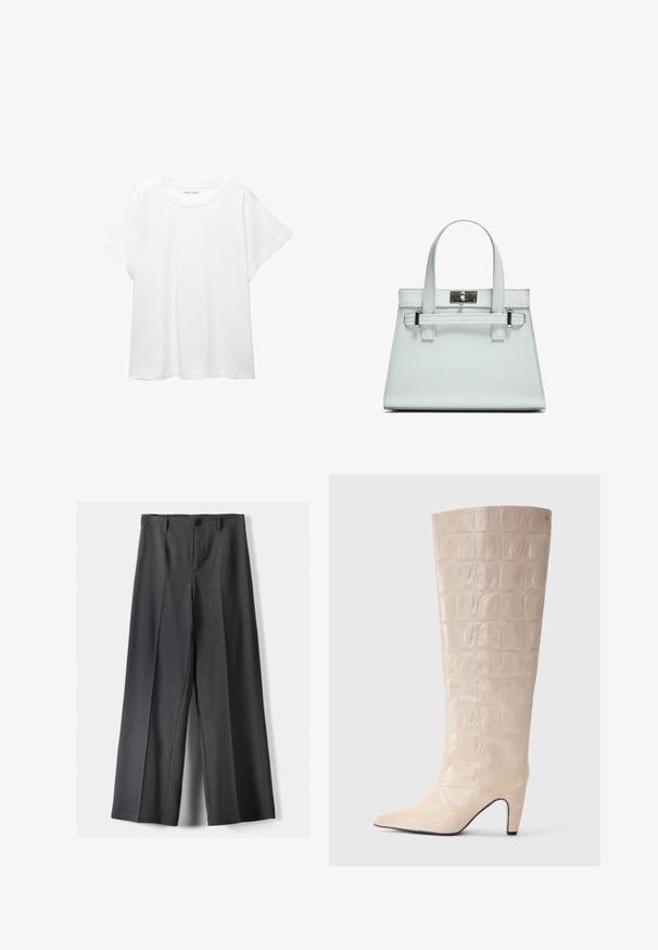 Valkoinen T-paita, joka on valmistettu pehmeästä ja kevyestä kankaasta. Omistaa pyöreän kaula-aukon ja lyhyet, leveät hihat rentoa istuvuutta varten. Ei näkyviä kuvioita.; Housut, joissa on leveät lahkeet tummanharmaasta kankaasta. Varustettu napin sulkemisella, etupleiteillä ja vyölenkeillä. Sujuva rakenne ja räätälöity muotoilu.; Knee-high bootti, joka on valmistettu kerma-värisestä keinotekoisesta krokotiilinaahkasta, teräväkärkinen ja kapeakorkoinen. Sileä pinta, jossa on selkeä kuviomuotoilu varren ympäri.; Vaaleansininen käsilaukku, jossa on jämäkkä muotoilu, kaksi kahvaa ja hopeanvärinen kiinnitys. Pinta on teksturoitu ja kulmat terävät.