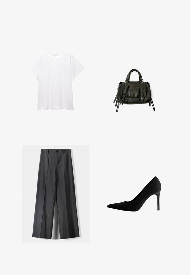Bijela majica od mekane, lagane tkanine. Ima okrugli izrez i kratke, široke rukave s ležernim krojem. Bez vidljivih uzoraka.; Hlače širokih nogavica od tamnosive tkanine, s kopčanjem na gumb, prednjim plisiranjima i petljama za remen. Glatka tekstura s krojem.; Crne visoke potpetice s šiljastim vrhom, glatkim mat materijalom, vitkim stiletto potpeticama i suptilnim izrezom na luku.; Crna kožna torba s pletenim ručkama, džepom na zatvarač i visećim resicama. Teksturirana površina s metalnim zakovicama i hardverskim naglascima.