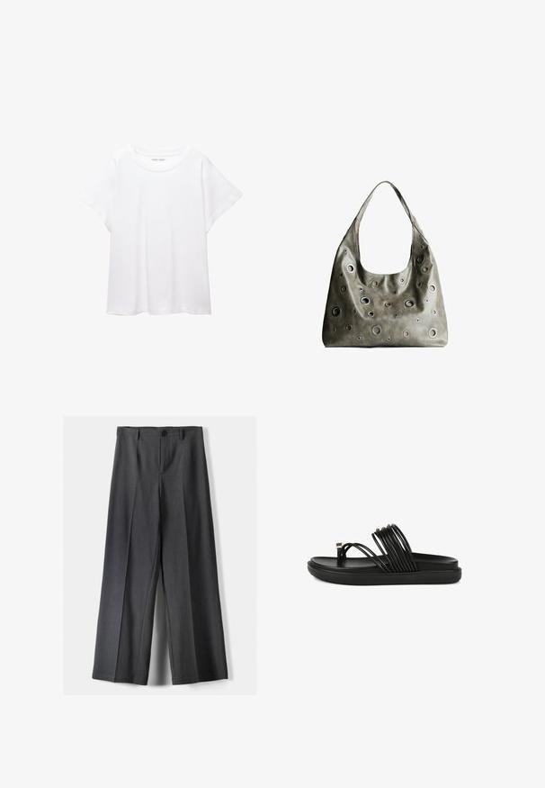 Valkoinen T-paita, joka on valmistettu pehmeästä ja kevyestä kankaasta. Omistaa pyöreän kaula-aukon ja lyhyet, leveät hihat rentoa istuvuutta varten. Ei näkyviä kuvioita.; Housut, joissa on leveät lahkeet tummanharmaasta kankaasta. Varustettu napin sulkemisella, etupleiteillä ja vyölenkeillä. Sujuva rakenne ja räätälöity muotoilu.; Mustat liukusandalerit, joissa on useita kaarevia hihnoja, litteä pohja ja minimalistinen muotoilu. Sisältää pienen metallisen yksityiskohdan hihnassa.; Oliivinvihreä nahkalaukku, jossa on rento muotoilu, ja jossa on erilaisia kokoisia pyöreitä läpivientejä sekä tummempia ja vaaleampia yksityiskohtia.