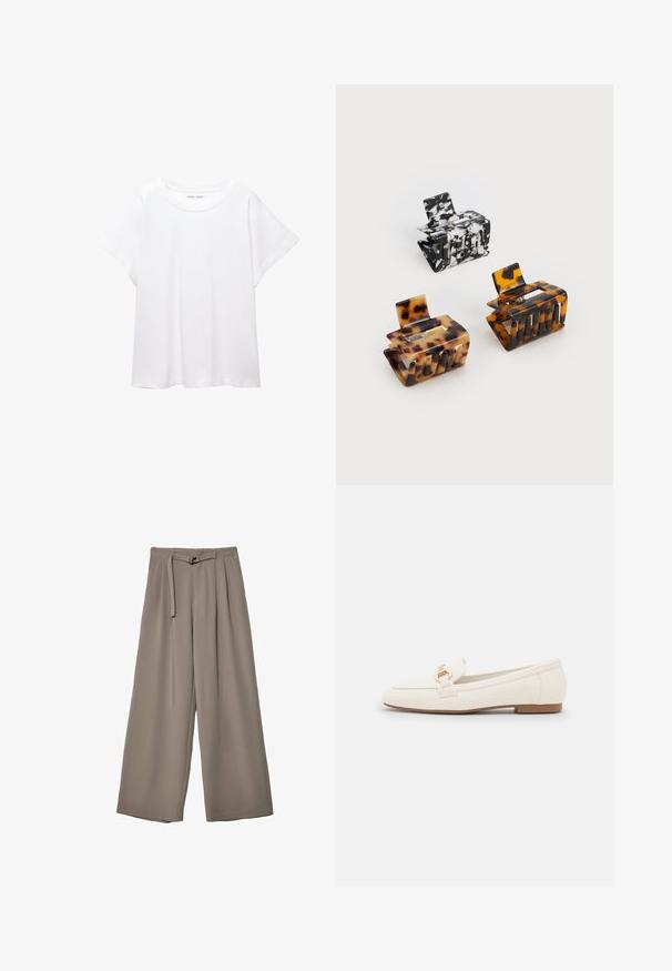 White T-shirt made of soft, lightweight fabric. Features a round neckline and short, wide sleeves with a relaxed fit. No visible patterns.; Wide-leg trousers in a soft, muted grey fabric, featuring a belted waist and pleats for added design detail. Smooth texture, no patterns.; White leather loafers with a flat sole, featuring a gold-tone buckle detail and a smooth finish. Classic design with simple lines.; Three hair clips: one black and white marbled, two tortoiseshell in brown and black hues, all made of glossy plastic with a textured finish.