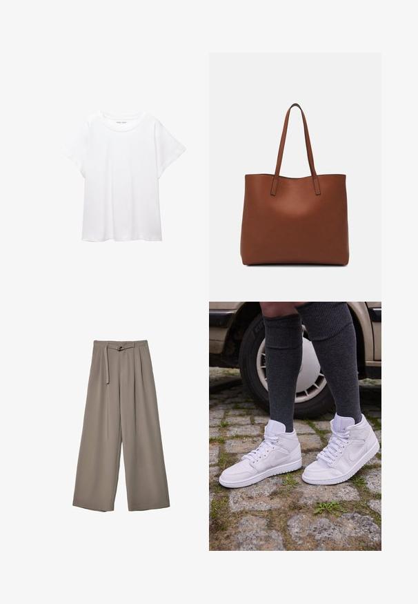 Bílý tričko vyrobené z měkké, lehké tkaniny. Má kulatý výstřih a krátké, široké rukávy s uvolněným střihem. Bez viditelných vzorů.; Kalhoty s širokými nohavicemi v měkké, tlumené šedé látce, s páskem v pase a sklady pro přidaný designový detail. Hladká textura, bez vzorů.; Bílé vysoké tenisky s perforovanou špičkou a texturovanou gumovou podrážkou, spojené s tmavě šedými podkolenkami, na dlažebních kostkách.; Hnědá kožená taška přes rameno s hladkou texturou, otevřeným designem a dvěma ramenními popruhy. Obsahuje minimální švy a žádné viditelné kovové prvky.