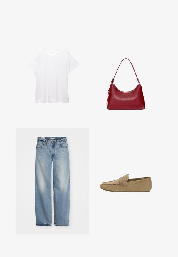 Bílý tričko vyrobené z měkké, lehké tkaniny. Má kulatý výstřih a krátké, široké rukávy s uvolněným střihem. Bez viditelných vzorů.; Světle modré široké džínové kalhoty vyrobené z denimu. Obsahují knoflík a zip, pět kapes a sepraný vzhled s mírně obroušeným lemem.; Světle hnědý nubukový pánský loafers s prošívaným mokasínovým špičkou a páskem na peníze, plochá gumová podrážka, boční profil na bílém pozadí.; Červená kožená taška přes rameno s zakřiveným designem, hladkým povrchem a zipovým uzávěrem. Obsahuje tenkou rukojeť pro nošení.