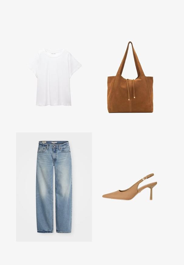 Bela majica s kratkimi rukavi, izdelana iz mehkega in lahkega blaga. Ima okroglo ovratnico ter kratke, široke rokave z udobnim krojem. Brez vidnih vzorcev.; Svetlo modri široki traper hlače. Imajo gumb in zadrgo, pet žepov ter pošvedrano površino s nekoliko obrabljenim robom.; Rjavi slingback petni s peto z izostrenim prstom, gladka tekstura, nastavljiv trak in ozka peta. Minimalističen dizajn z diskretnim zlatim okrasjem.; Rjava semiš torba z dvema dolgima ročajema, z vrvico za zapiranje in minimalističnim dizajnom. Gladka tekstura in brez vidnih kovinskih dodatkov.