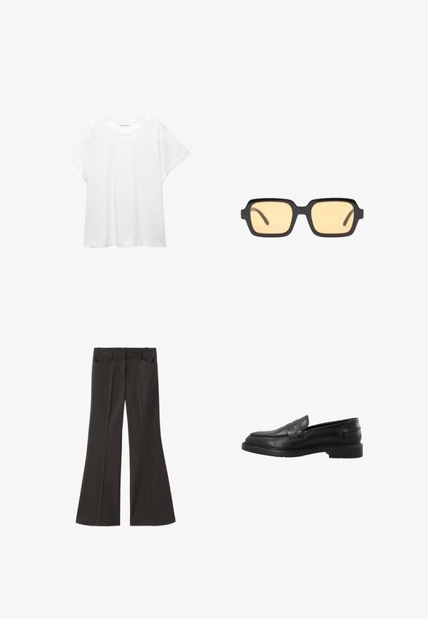 Weißes T-Shirt aus weichem, leichtem Stoff. Mit runder Halslinie und kurzen, weit geschnittenen Ärmeln für einen lässigen Sitz. Keine sichtbaren Muster.; Schwarze, weit geschnittene Hosen mit hoher Taille; verfügt über zwei Fronttaschen und eine glatte Stoffoberfläche. Geeignet für verschiedene Anlässe.; Schwarze Lederloafer mit einer abgerundeten Schuhspitze, vorderer Streifendetail und flacher Gummisohle. Glatte Textur mit minimalen Nähakzenten.; Schwarze rechteckige Sonnenbrillen mit gelben Gläsern, leichtem Rahmen und charakteristischen stumpfen Kanten an den Bügeln. Glatte, glänzende Oberfläche.; Schwarze Laptoptasche aus Leder mit glatter Textur, rechteckiger Form und zwei langen Griffen. Keine sichtbaren Beschläge oder Verzierungen.