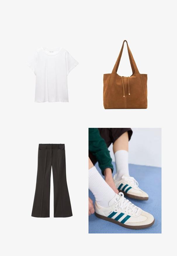 Biała koszulka wykonana z miękkiej, lekkiej tkaniny. Posiada okrągły dekolt oraz krótkie, szerokie rękawy, zapewniające luźny krój. Brak widocznych wzorów.; Czarne spodnie z szerokimi nogawkami i wysokim stanem; posiadają dwie przednie kieszenie oraz gładką teksturę materiału. Idealne na różne okazje.; Białe buty sportowe z turkusowymi paskami, teksturowana cholewka i brązowe gumowe podeszwy. W połączeniu z białymi skarpetkami z prążkami.; Brązowa torba tote z zamszu z dwoma długimi paskami, zamknięciem na sznurek i minimalistycznym wzornictwem. Gładka tekstura i brak widocznych akcentów metalowych.