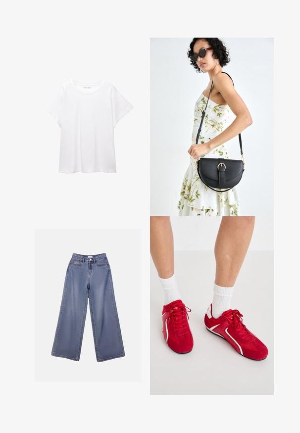 Bijela majica od mekane, lagane tkanine. Ima okrugli izrez i kratke, široke rukave s ležernim krojem. Bez vidljivih uzoraka.; Široke traperice u svijetloplavom izbljeđenom tonu, s visokim strukom, prednjim džepovima i zakovicom s petljama za remen.; Crvene atletske tenisice s bijelim akcentima, napravljene od antilopa i mrežice. Imaju sistem vezivanja s čipkom i teksturirane potplate za bolji grip.; Crna kožna torba s lukovitim oblikom, odvojivim remenom i zlatnim detaljima. Torba ima preklop s kopčom.