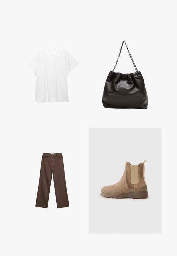 Bijela majica od mekane, lagane tkanine. Ima okrugli izrez i kratke, široke rukave s ležernim krojem. Bez vidljivih uzoraka.; Proširene smeđe traperice od denima, s visokim strukom, prednjim džepovima i klasičnom kopčom na dugme. Glatka tekstura s suptilnim šavovima.; Smeđe nubuk Chelsea čizme s elastičnim bočnim panelima, petnom trakom, gumiranim đonom i teksturiranim površinom, s okruglim vrhom i čvrstim dizajnom.; Smeđa kožna torba s naboranim vrhom i lančićem za nošenje. Glatka tekstura s sjajnim završetkom i suptilnim šavnim detaljima sa strane.