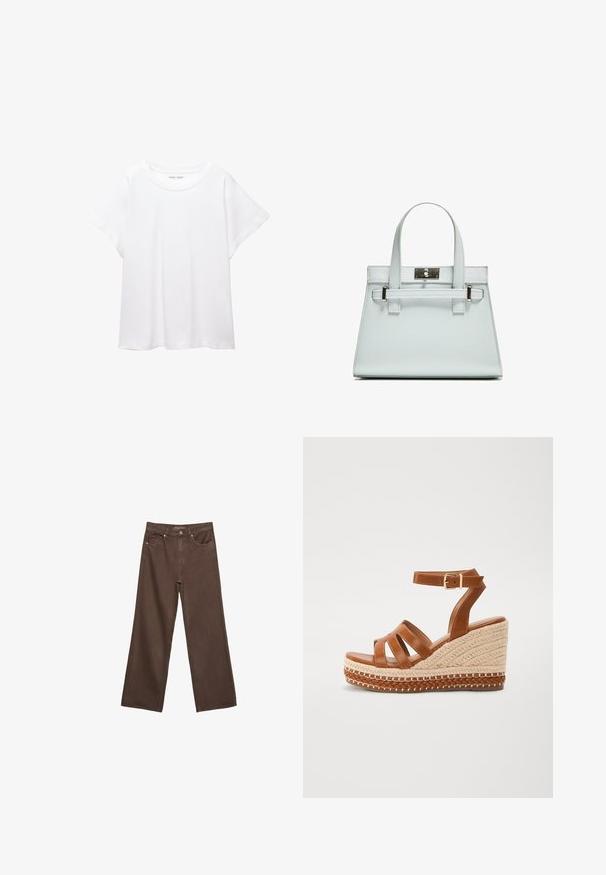 Bijela majica od mekane, lagane tkanine. Ima okrugli izrez i kratke, široke rukave s ležernim krojem. Bez vidljivih uzoraka.; Proširene smeđe traperice od denima, s visokim strukom, prednjim džepovima i klasičnom kopčom na dugme. Glatka tekstura s suptilnim šavovima.; Smeđe kožne wedge sandale imaju tkanu jutu na potplatu, otvoren nožni dio s tri remena i kopču oko gležnja za sigurno prianjanje.; Svijetloplavi ručni kovčeg sa strukturiranim dizajnom, dva držača i kopčom od srebrnastog metala. Teksturirani materijal i oštri kutovi.