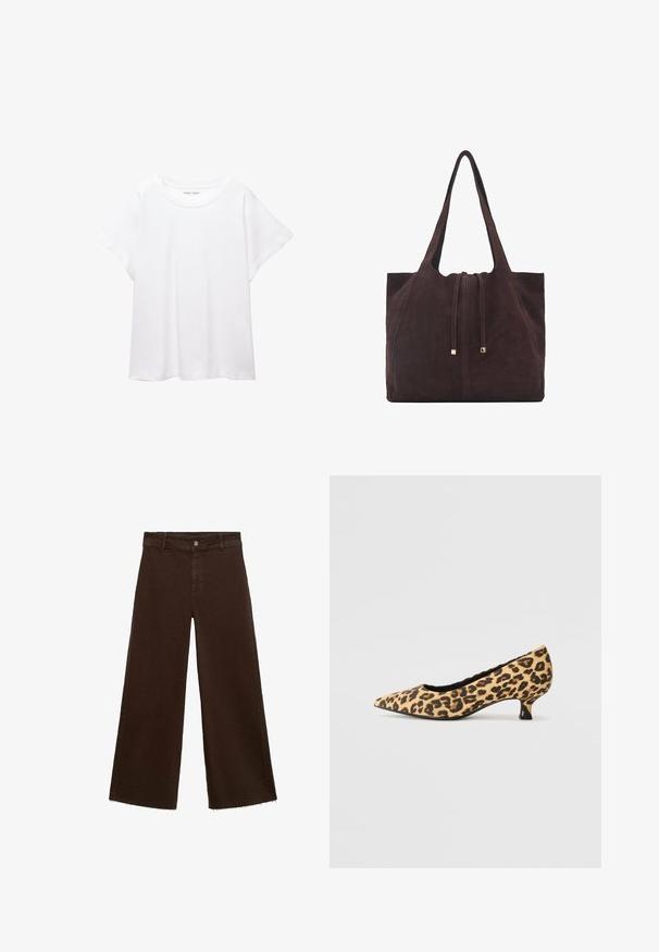Hvid T-shirt lavet af blødt, let stof. Har en rund halsudskæring og korte, brede ærmer med en afslappet pasform. Ingen synlige mønstre.; Brune viddebukser i en bomuldsblanding, med en frynset kant, frontknaplukning og klassisk fem-lomme design. Minimalistiske og alsidige.; Marco Tozzi Pumps - beige; Mango Shopping bags - dark brown