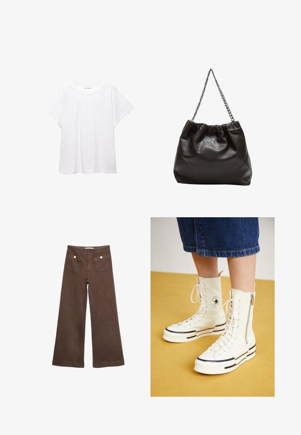 T-shirt bianco realizzato in un tessuto morbido e leggero. Presenta un collo rotondo e maniche corte e larghe con vestibilità morbida. Nessun motivo visibile.; Pantaloni larghi marroni in cotone, con due tasche frontali decorate da bottoni argentati e una texture liscia.; Sneakers bianchi alte con chiusura a zip, design con lacci e dettagli a strisce nere su una suola spessa. Materiale in tela testurizzata.; Borsa in pelle marrone con parte superiore arricciata e tracolla a catena. Texture liscia con finitura lucida e dettagli di cucitura sottili sui lati.