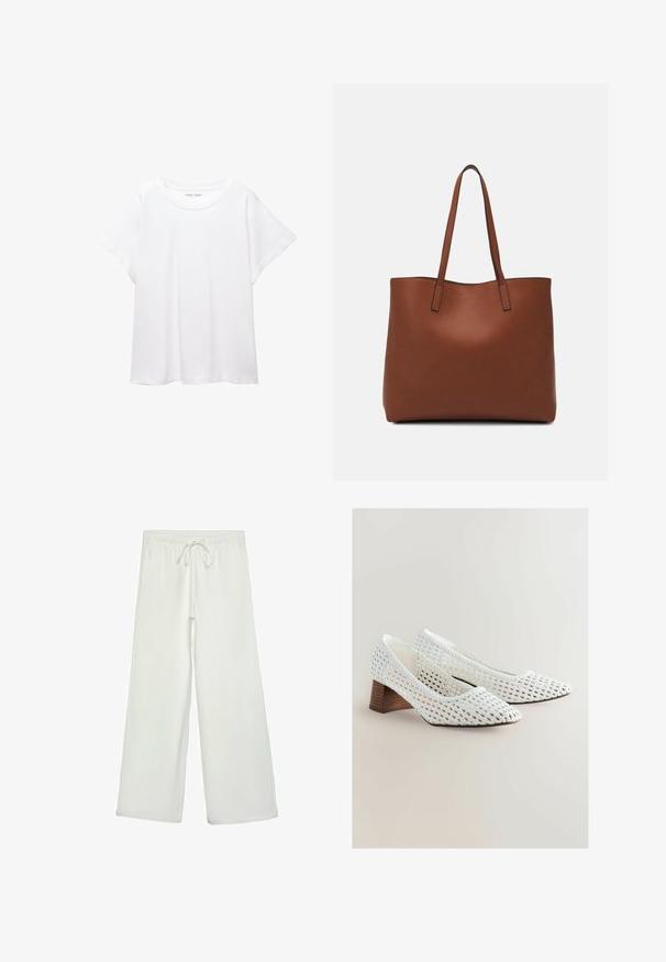 Weißes T-Shirt aus weichem, leichtem Stoff. Mit runder Halslinie und kurzen, weit geschnittenen Ärmeln für einen lässigen Sitz. Keine sichtbaren Muster.; Weiße, weit geschnittene Hose aus weichem Stoff. Mit einem elastischen Bund und einem Kordelzug sowie einer glatten Oberfläche. Keine sichtbaren Muster oder Hardware.; Weiße geflochtene Pumps mit einer spitzen Zehenform und einem niedrigen Holzabsatz. Die Struktur ist offen gewebt und zeigt komplexe Muster.; Braune Leder-Tote mit glatter Textur, offenem Oberteil und zwei Schulterriemen. Verfügt über minimale Nähte und keine sichtbaren Beschläge.