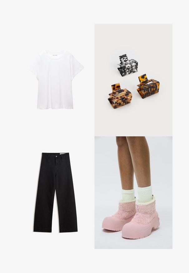 Fehér póló, puha, könnyű anyagból készült. Kerek nyakú, rövid, széles ujjaival és laza szabásával rendelkezik. Nincsenek látható minták.; Fekete, bő szabású farmernadrág magas derékkal, elülső és hátsó zsebekkel, varrott felületekkel és gombos záródással. Sima textúra.; Rózsaszín gumicsizma texturált bolyhos felsőrésszel, puha béléssel és vastag talppal. Világoszöld bolyhos bokazoknival viselve.; Három hajcsat: egy fekete-fehér márványos, két teknősbékás barna és fekete árnyalatú, mind fényes műanyagból, texturált felülettel készült.