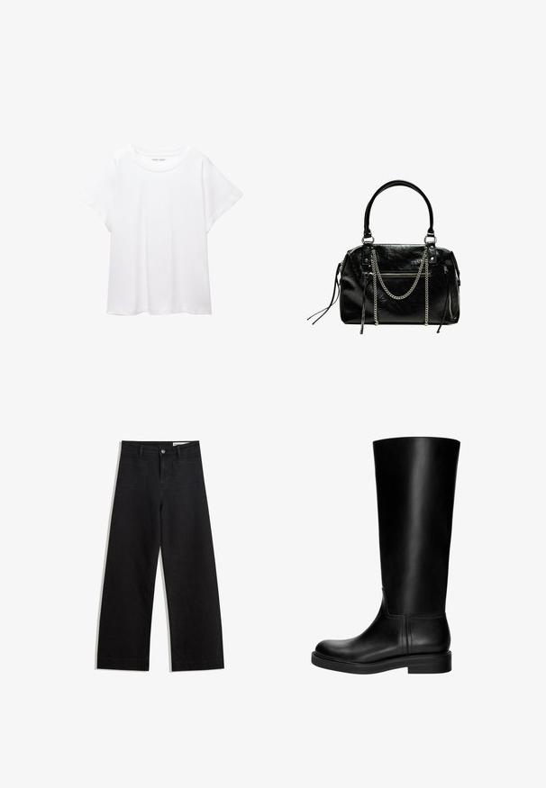 Witte T-shirt van zacht, lichtgewicht stof. Heeft een ronde halslijn en korte, brede mouwen met een ontspannen pasvorm. Geen zichtbare patronen.; Zwarte denim broek met wijde pijpen en een hoge taille, voorzien van voor- en achterzakken, gestikte naden en een knoopsluiting. Gladde textuur.; Zwarte leren kniehoogte laars met een gladde textuur, ronde neus, ingetogen design en een lage blokhak. Geen zichtbare hardware of patronen.; Bershka WITH CHAIN - Handtas - black