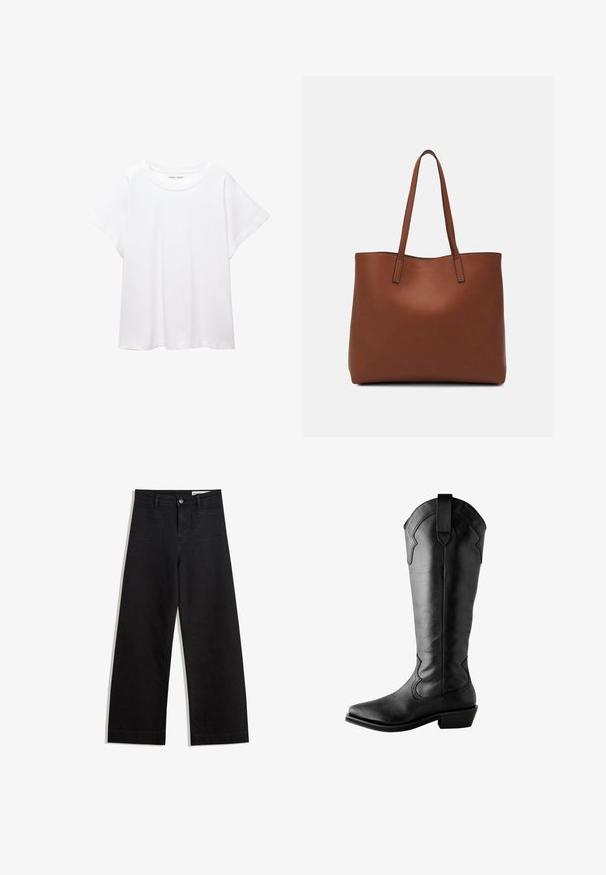 Tricou alb dintr-un material moale și ușor. Prezintă un decolteu rotund și mâneci scurte, largi, cu un croi lejer. Fără modele vizibile.; Pantaloni din denim negri cu picioare largi, cu talie înaltă, având buzunare frontale și posterioare, cusături dublate și închidere cu nasture. Textură netedă.; Cizme negre din piele, până la genunchi, cu vârfuri ascuțite, cusături decorative, o tablia de prindere în partea de sus și un toc înalt. Textură netedă.; Geantă de umăr din piele maro cu o textură netedă, design cu vârf deschis și două curele pentru umăr. Prezintă cusături minime și fără componente metalice vizibile.