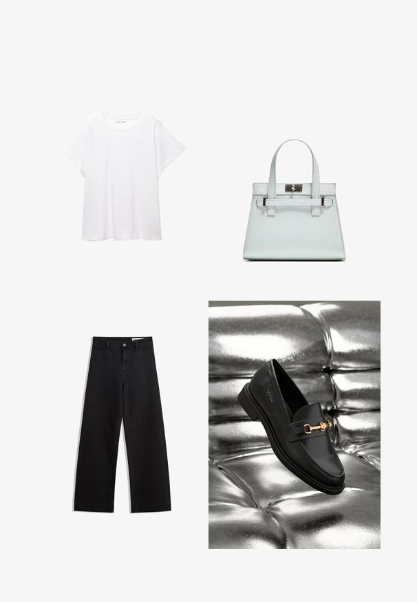 Valkoinen T-paita, joka on valmistettu pehmeästä ja kevyestä kankaasta. Omistaa pyöreän kaula-aukon ja lyhyet, leveät hihat rentoa istuvuutta varten. Ei näkyviä kuvioita.; Mustat leveät farkut korkealla vyötäröllä, joissa on etu- ja takataskut, ommellut saumat ja nappisuljenta. Silkinoinen rakenne.; Musta nahkakengät loafer-tyylissä, jossa on kultasävyinen yksityiskohta. Kengässä on tyylikäs muotoilu ja sileä, kiiltävä pinta.; Vaaleansininen käsilaukku, jossa on jämäkkä muotoilu, kaksi kahvaa ja hopeanvärinen kiinnitys. Pinta on teksturoitu ja kulmat terävät.