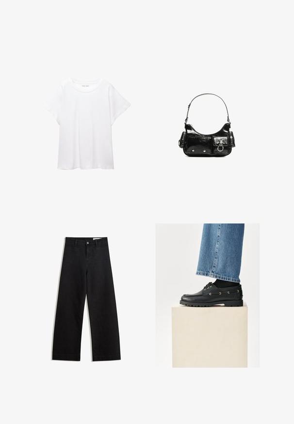 Tricou alb dintr-un material moale și ușor. Prezintă un decolteu rotund și mâneci scurte, largi, cu un croi lejer. Fără modele vizibile.; Pantaloni din denim negri cu picioare largi, cu talie înaltă, având buzunare frontale și posterioare, cusături dublate și închidere cu nasture. Textură netedă.; Pantofi din piele neagră cu vârf rotund, cu șireturi și ochiuri aurii. Talpă robustă. Purtați cu blugi albaștri care acoperă ușor pantofii.; Geantă de mână din piele lăcuită neagră, cu o formă curbată, un umăr, buzunare frontale și accente din metal argintiu.