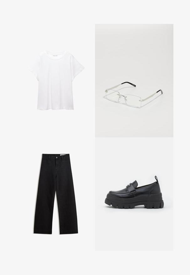 Tricou alb dintr-un material moale și ușor. Prezintă un decolteu rotund și mâneci scurte, largi, cu un croi lejer. Fără modele vizibile.; Pantaloni din denim negri cu picioare largi, cu talie înaltă, având buzunare frontale și posterioare, cusături dublate și închidere cu nasture. Textură netedă.; Pantof Black din piele, ușor de încălțat, cu o talpă groasă din cauciuc negru. Prezintă o bandă largă în cruciș pe față și un design cusut în jurul degetului mare.; Ochelari rectangulari cu lentile clare, cu un cadru subțire din metal argintiu și vârfuri din acetat negru. Prezintă un hardware minim pentru un design elegant.; Geantă din piele maro, tip crossbody, cu o formă curbată, accesorii aurii și un accent cu cataramă. Dispune de un curea de umăr detașabilă.