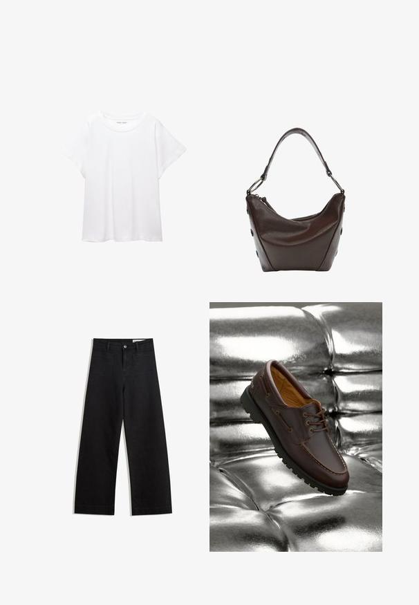 Bílý tričko vyrobené z měkké, lehké tkaniny. Má kulatý výstřih a krátké, široké rukávy s uvolněným střihem. Bez viditelných vzorů.; Černé denimové kalhoty s volným střihem a vysokým pasem, vybavené předními a zadními kapsami, prošívanými švy a knoflíkovým zapínáním. Hladká textura.; Hnědé kožené lodní boty s černou gumovou podrážkou odpočívající na lesklém kovovém stříbrném zmraženém povrchu.; Tmavě hnědá kožená kabelka s oblým tvarem, na zip a s krátkým uchopovacím držadlem. Obsahuje kovové detaily a dekorativní černé knoflíky po stranách.