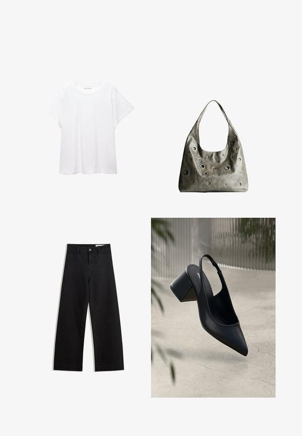 Bijela majica od mekane, lagane tkanine. Ima okrugli izrez i kratke, široke rukave s ležernim krojem. Bez vidljivih uzoraka.; Crne široke traperice s visokim strukom, s prednjim i stražnjim džepovima, šivenim šavovima i kopčanjem na gumb. Glatka tekstura.; Crni kožni slingback štikle s oštrom potplatinom i blok petom. Glatka tekstura, minimalistički dizajn i podesiva remenica oko gležnja.; Maslinasto zeleni kožni ručni kovčeg s opuštenim dizajnom, s raznim kružnim izrezima različitih veličina i naglascima u tamnijim i svjetlijim nijansama.