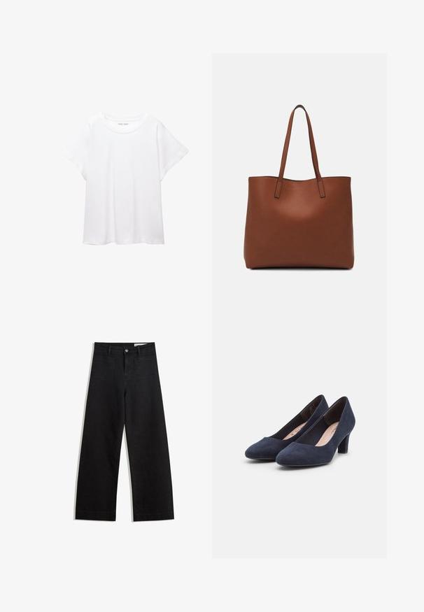 Biała koszulka wykonana z miękkiej, lekkiej tkaniny. Posiada okrągły dekolt oraz krótkie, szerokie rękawy, zapewniające luźny krój. Brak widocznych wzorów.; Czarne dżinsowe spodnie o szerokich nogawkach i wysokim stanie, z przednimi i tylnymi kieszeniami, przeszyciami oraz zapięciem na guziki. Gładka struktura.; Granatowe zamszowe szpilki z zaokrąglonym noskiem i teksturowanym wykończeniem; posiadają niską, szeroką szpilkę dla większej stabilności.; Brązowa skórzana torba tote o gładkiej fakturze, z otwartym wierzchem i dwoma ramiączkami. Charakteryzuje się minimalnym przeszyciem i brakiem widocznych elementów metalowych.