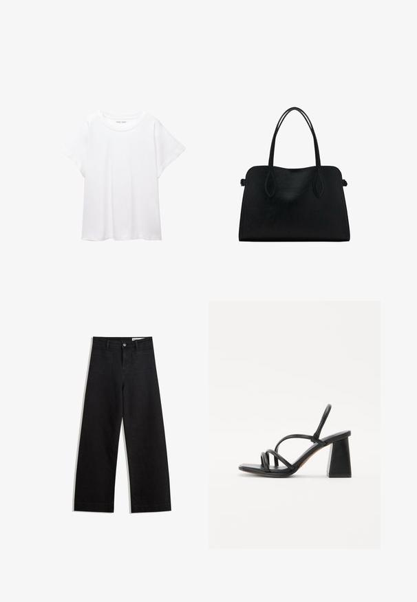 T-shirt bianco realizzato in un tessuto morbido e leggero. Presenta un collo rotondo e maniche corte e larghe con vestibilità morbida. Nessun motivo visibile.; Pantaloni in denim neri a gamba larga con vita alta, dotati di tasche anteriori e posteriori, cuciture a punto, e chiusura con bottone. Texture liscia.; Sandal con tacco alto nero e quadrato, caratterizzato da più sottili cinturini che si incrociano sul piede e un design con schiena aperta. Texture in pelle liscia.; Borsa a mano in pelle nera con doppio manico, forma rettangolare e design minimalista su sfondo bianco.