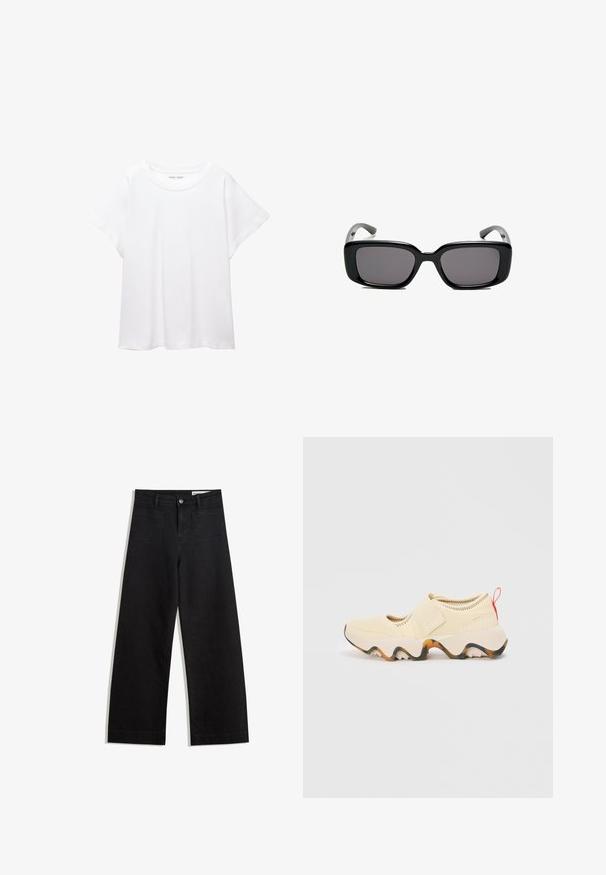 Bílý tričko vyrobené z měkké, lehké tkaniny. Má kulatý výstřih a krátké, široké rukávy s uvolněným střihem. Bez viditelných vzorů.; Černé denimové kalhoty s volným střihem a vysokým pasem, vybavené předními a zadními kapsami, prošívanými švy a knoflíkovým zapínáním. Hladká textura.; Světlobéžová nazouvací bota s texturovaným svrškem, nastavitelným popruhem, masivní gumovou podešví v bílé barvě s oranžovými detaily a červeným poutkem.; Černé obdélníkové sluneční brýle s tmavými skly, hladkým plastovým rámem a zakřivenými stranicemi. Design je robustní s minimalistickou estetikou.