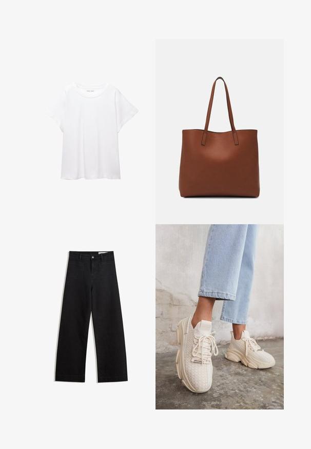 Fehér póló, puha, könnyű anyagból készült. Kerek nyakú, rövid, széles ujjaival és laza szabásával rendelkezik. Nincsenek látható minták.; Fekete, bő szabású farmernadrág magas derékkal, elülső és hátsó zsebekkel, varrott felületekkel és gombos záródással. Sima textúra.; Beige kötött sportcipők textúrázott felsőrésszel, kerek orral, vastag talppal és díszes fűzéssel, világoskék cropped farmernadrággal párosítva.; Barna bőr vászontáska sima textúrával, nyitott tetejű dizájnnal és két vállpánttal. Minimális varrással és látható hardver nélkül készült.