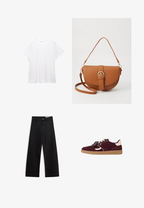 Hvid T-shirt lavet af blødt, let stof. Har en rund halsudskæring og korte, brede ærmer med en afslappet pasform. Ingen synlige mønstre.; Sorte wide-leg denim bukser med høj talje, der har front- og baglommer, syede sømme og en knaplukning. Glat tekstur.; Bordeaux ruskindsneaker med hvide accenter, struktureret detaljering, tykk gummisål og mønstrede snørebånd for en sikker pasform.; Brun læder crossbody taske med en buet form, guldfarvet hardware og en spændeaccent. Har en aftagelig skulderrem.