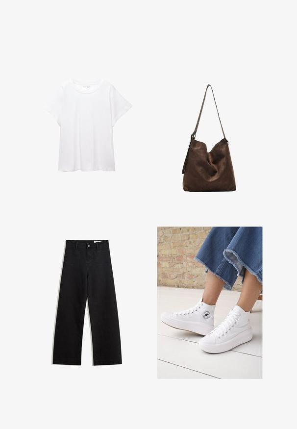 Bela majica s kratkimi rukavi, izdelana iz mehkega in lahkega blaga. Ima okroglo ovratnico ter kratke, široke rokave z udobnim krojem. Brez vidnih vzorcev.; Črne široke denim hlače z visokim pasom, ki imajo sprednje in zadnje žepe, šivane šive ter gumbasto zapiranje. Gladka tekstura.; Bele visoke športne copate iz platna z gumijastim podplatom, ki imajo srebrne oči, okroglo logotipno nalepko in teksturiran podplat.; Rjava semišasta hobo torba s ukrivljenim vrhom, dolgim trakcem z dot akcenti in mehko teksturo. Ima sproščen videz za vsakdanje uporabo.