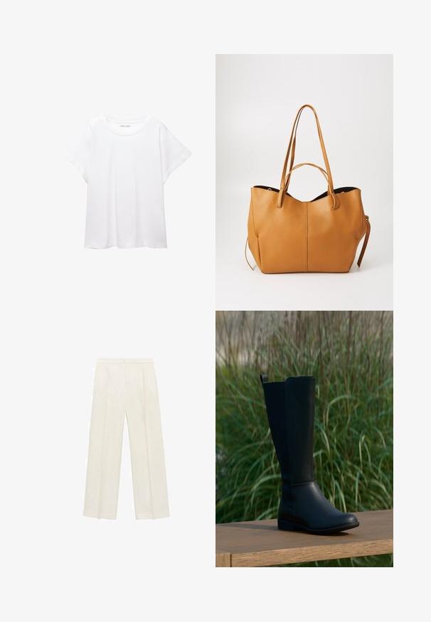 Vit t-shirt som är gjord av mjukt, lätt tyg. Har en rund halsringning och korta, vida ärmar med en avslappnad passform. Inga synliga mönster.; Breda byxor i en ljus krämfärg. Tillverkade av ett mjukt tyg med veck fram och sidofickor.; Svart knähög stövel av slätt läder med rundad tå och plan sula. Har en enkel design med en dragflik högst upp.; Toteväska i tanläder med strukturerad yta, bred öppning och två långa handtag. Har en enkel design och minimal hårdvara.