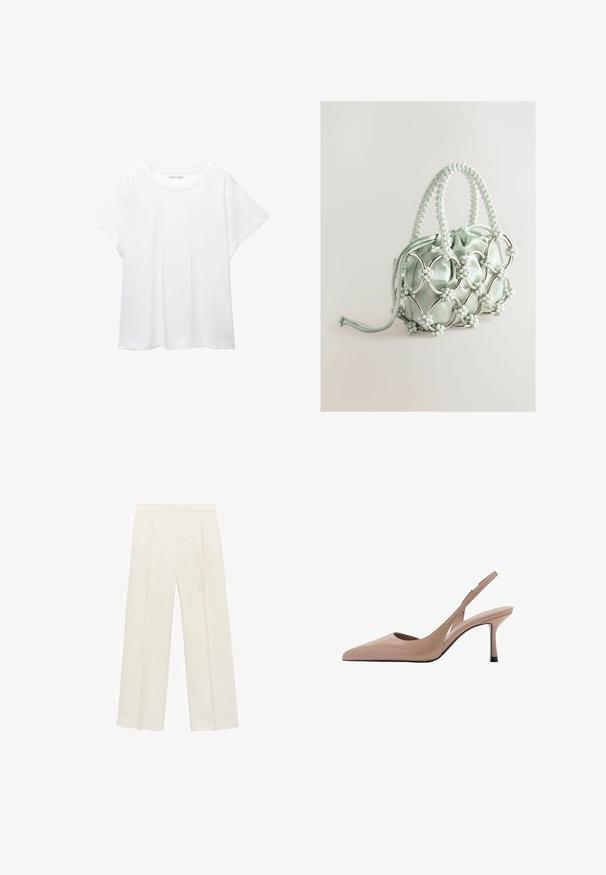 Tricou alb dintr-un material moale și ușor. Prezintă un decolteu rotund și mâneci scurte, largi, cu un croi lejer. Fără modele vizibile.; Pantaloni cu picioare largi, de culoare crem deschis. Realizați dintr-un material neted, cu plisuri în față și buzunare laterale.; Pantofi cu toc slingback nude, cu vârful ascuțit, textură netedă și toc subțire stil stiletto. Detaliul cu decupaj pe lateral adaugă o notă unică.; Next Geantă de mână - blue