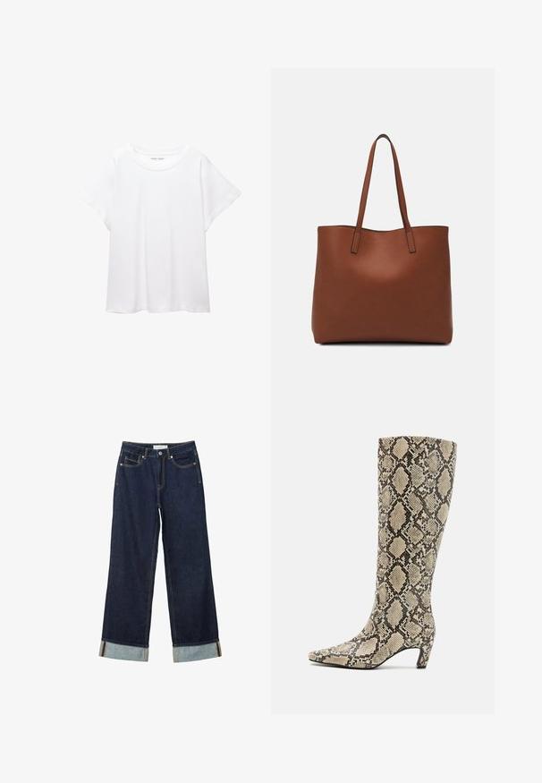 White T-shirt made of soft, lightweight fabric. Features a round neckline and short, wide sleeves with a relaxed fit. No visible patterns.; Dark blue wide-leg jeans with a high waist, featuring rolled cuffs, contrast stitching, and five-pocket design. Made of denim fabric.; Bianco BIACLARA - Boots - white; Brown leather tote bag with a smooth texture, open top design, and two shoulder straps. Features minimal stitching and no visible hardware.