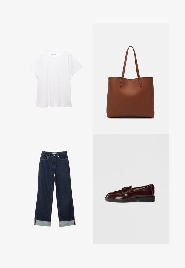 Bílý tričko vyrobené z měkké, lehké tkaniny. Má kulatý výstřih a krátké, široké rukávy s uvolněným střihem. Bez viditelných vzorů.; Tmavě modré kalhoty s širokými nohavicemi a vysokým pasem, s ohrnutými manžetami, kontrastním prošíváním a pěti kapsami. Vyrobené z denimové tkaniny.; Tmavě burgundské kožené mokasíny s černou podrážkou, detaily v podobě pásku na mince a nízkým podpatkem, zobrazené z vnější strany na bílé pozadí.; Hnědá kožená taška přes rameno s hladkou texturou, otevřeným designem a dvěma ramenními popruhy. Obsahuje minimální švy a žádné viditelné kovové prvky.