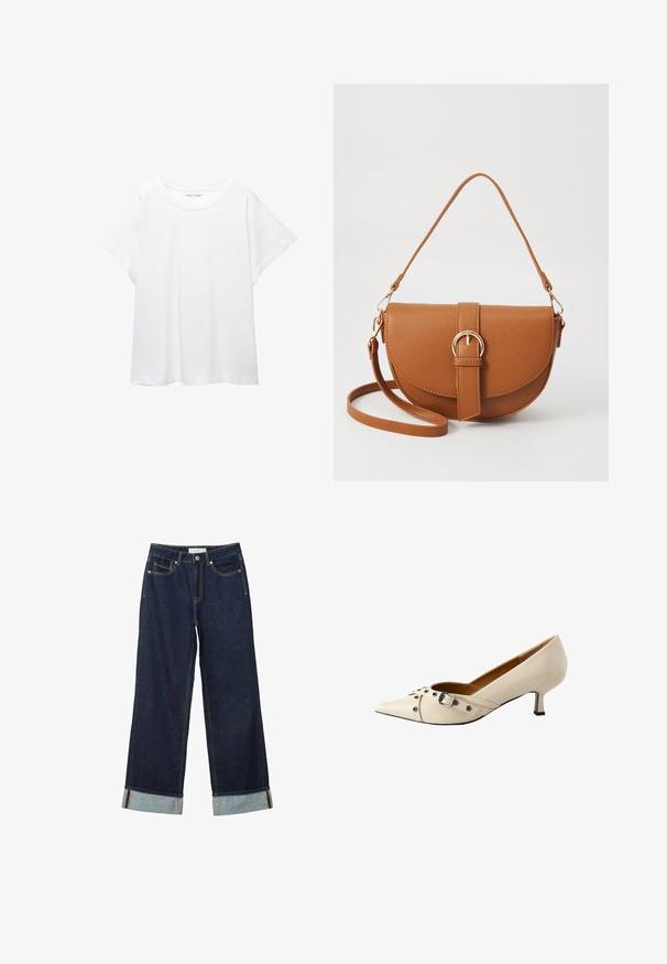 Bela majica s kratkimi rukavi, izdelana iz mehkega in lahkega blaga. Ima okroglo ovratnico ter kratke, široke rokave z udobnim krojem. Brez vidnih vzorcev.; Temno modri široki jeans z visokim pasom, s zavitimi manšetami, kontrastnim šivanjem in dizajnom s petimi žepi. Narejeni iz jeansa.; Bež čevlji s peto iz usnja s koničastim nosom, opremljeni z dekorativnim pasom s sponko in srebrnimi kroglicami ter majhno peto.; Rjava usnjena torbica prek telesa s ukrivljeno obliko, zlate opreme in sponko. Ima odstranljiv naramni trak.