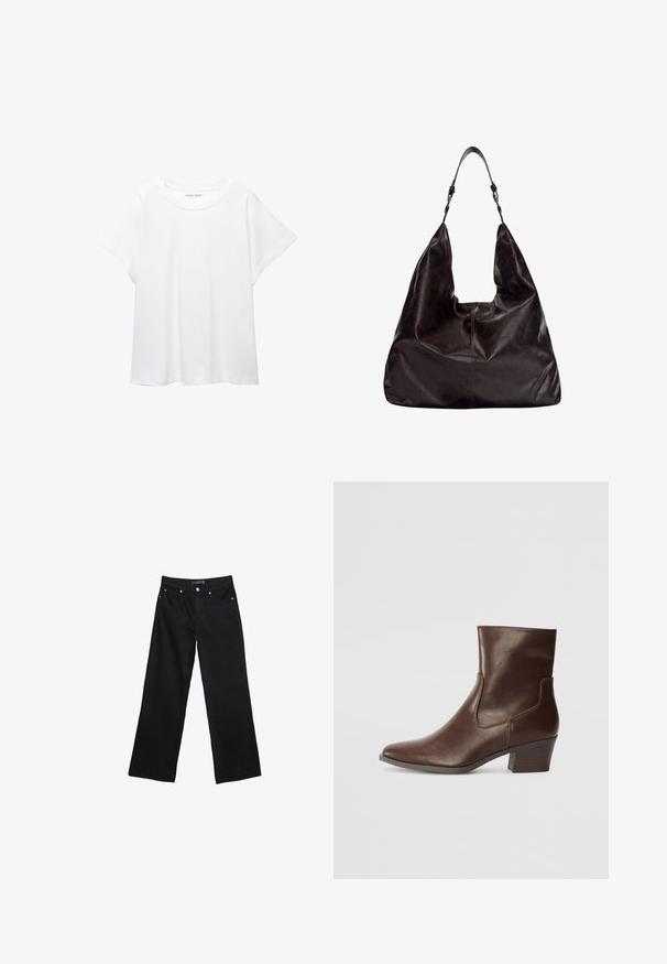 Bílý tričko vyrobené z měkké, lehké tkaniny. Má kulatý výstřih a krátké, široké rukávy s uvolněným střihem. Bez viditelných vzorů.; Černé džínové kalhoty s širokými nohavicemi, vysokým pasem, viditelným šitím a čtyřmi kapsami. Tkanina má jemnou, hladkou texturu s minimálním leskem.; Hnědé kožené kotníkové boty s špičatou špičkou a blokovým podpatkem. Obsahují boční výřezy a hladkou texturu, navržené pro přiléhavý siluetu.; Hnědá kožená kabelka s uvolněným tvarem, širokým otvorem a jedním popruhem na rameno. Obsahuje jemné akcenty v podobě švů.
