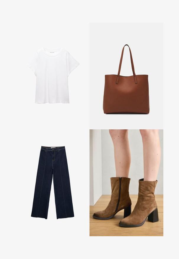 T-shirt blanc en tissu doux et léger. Il présente un col rond et des manches courtes et larges avec une coupe décontractée. Aucun motif visible.; Pantalons en denim sombre à jambe large avec des coutures contrastantes, taille haute et coupe droite. Comprend des poches avant et une fermeture classique à boutons.; Bottes chelsea en suède marron avec fermeture éclair, talons carrés et texture lisse, présentant une couture simple le long des côtés.; Sac fourre-tout en cuir marron avec une texture lisse, design à ouverture supérieure et deux poignées pour le porter à l'épaule. Présente des coutures minimales et aucun matériel visible.
