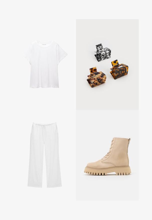 T-shirt bianco realizzato in un tessuto morbido e leggero. Presenta un collo rotondo e maniche corte e larghe con vestibilità morbida. Nessun motivo visibile.; Pantaloni bianchi a gamba larga realizzati in un tessuto morbido, con vita elastica dotata di cordino e due tasche laterali. Design semplice e pulito.; Stivaletti in pelle beige con punta arrotondata, lacci frontali e cerniera laterale, dotati di una suola spessa e seghettata.; Tre fermagli per capelli: uno marmorizzato bianco e nero, due tartarugati in tonalità di marrone e nero, tutti realizzati in plastica lucida con una finitura strutturata.